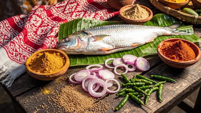 Fresh hilsa fish and vibrant spices prepared for pohela boishakh, celebrating bengali new year.
