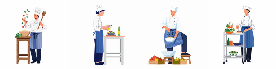Set of professional chefs in uniforms preparing food, tossing ingredients, dressing salad, sifting flour, and plating dishes on a white background.