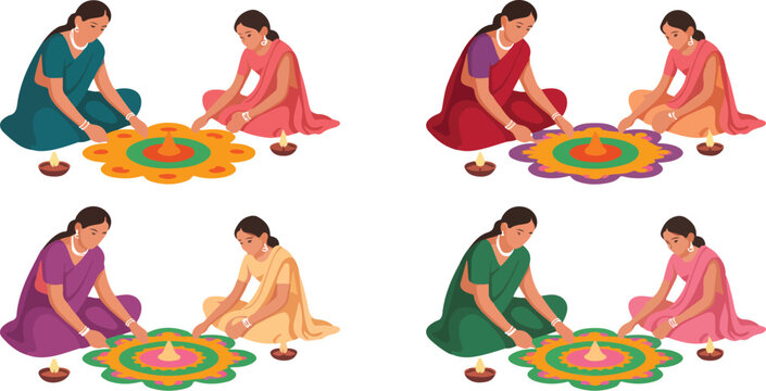 Indian women creating colorful rangoli designs during festive celebration, showcasing tradition, culture, and vibrant art in vector illustration