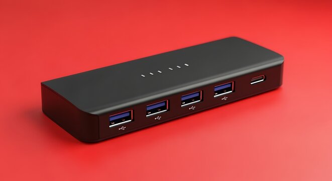Black usb hub with multiple ports on red background for computer connectivity and data transfer