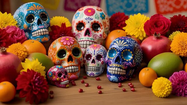 Vibrant collection of decorated sugar skulls and colorful flowers for Day of the Dead celebration.