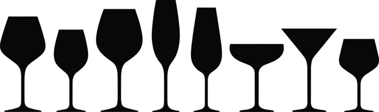 Collection of Different Wine and Cocktail Glass Silhouettes Including Champagne Flute Martini and Goblet Shapes Isolated on White Background for Bar and Restaurant Design