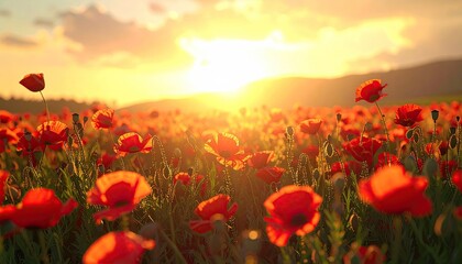 Fototapeta premium Red poppies bloom in a golden field, bathed in the warmth of the setting sun