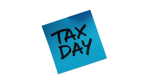 Tax Day reminder handwritten on blue sticky note isolated on transparent background