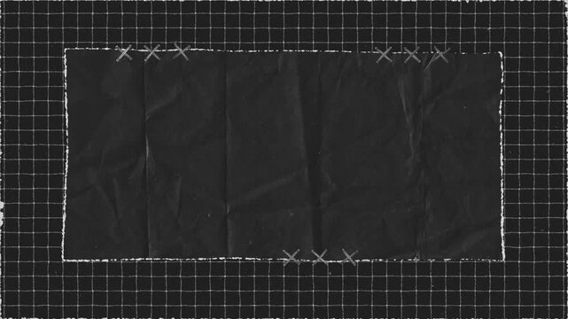 Abstract black paper piece stitched onto gridded textured fabric background
