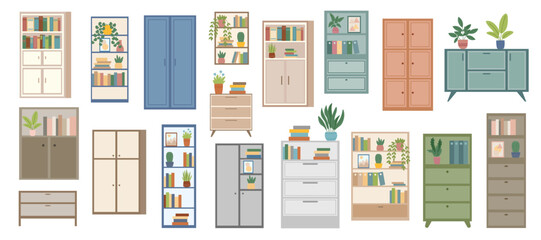 Collection of different bookcases, wardrobes and bookshelves isolated on white background. Vector flat furniture cliparts. Concepts of home, interiors, books. © Julia Anisimova