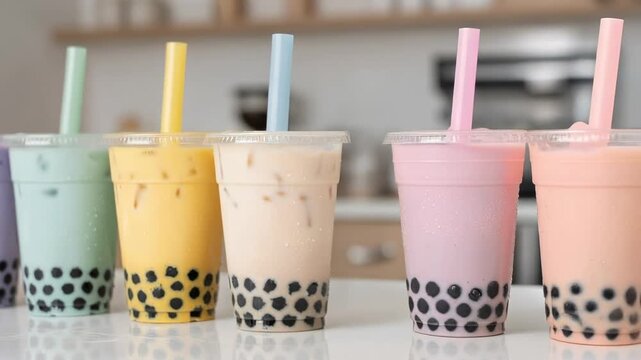 Colorful bubble tea drinks with tapioca pearls on white surface in a modern kitchen