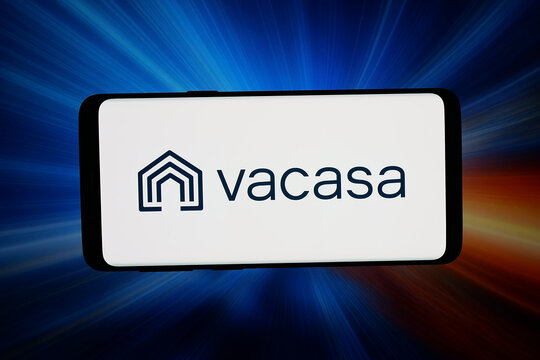 Stuttgart, Germany - 03-13-2026: In this photo illustration, the logo of US vacation rental company Vacasa Inc. is displayed on a smartphone in front of abstract background on computer screen.