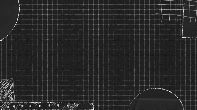 Artistic grayscale grid background with various shapes and hand drawn elements