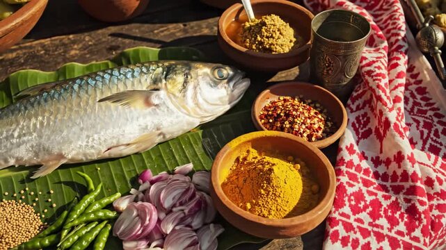 Fresh hilsa fish and vibrant spices on a banana leaf, symbolizing bengali pohela boishakh renewal.