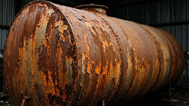Rusty Metal Storage Tank Showing Corrosion and Peeling Paint