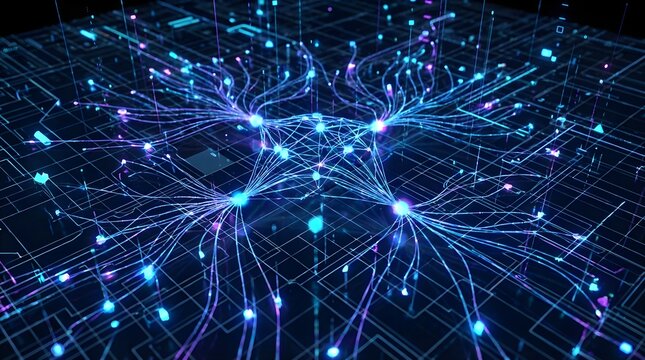 Neural network vector illustration with glowing nodes and flowing blue purple cyan connections representing AI and machine learning