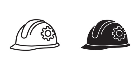 Fototapeta premium Black and white line icons of hard hats with gears on them