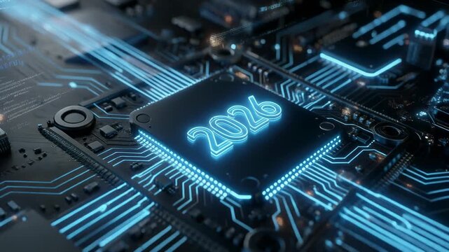 Futuristic computer microchip with glowing 2026 numbers and digital circuit board technology concept