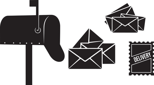 a black mailbox with a flag and envelopes on a white background, symbolizing communication and delivery.