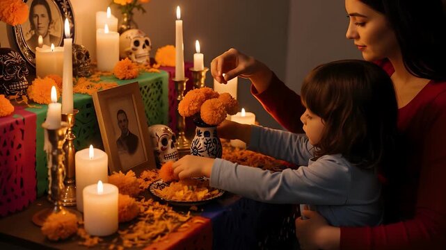 Mother and daughter preparing a traditional Day of the Dead altar with candles, marigolds, and offerings, honoring ancestors.