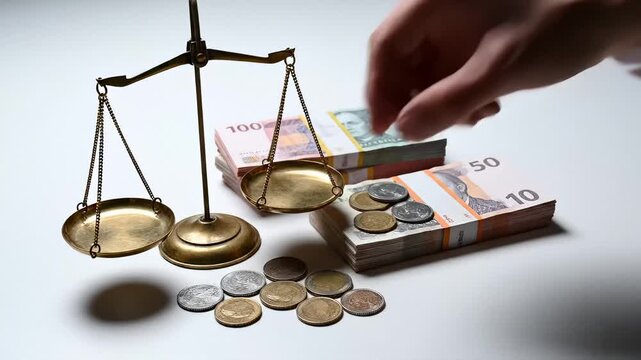 Hand Placing Coins on Stacked Banknotes Next to Balance Scale, Concept of Financial Balance
