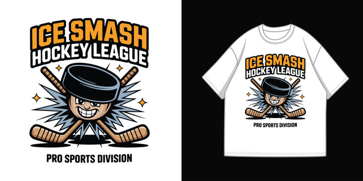 Ice Smash Hockey League Pro Sports Division vector illustration with cartoon puck character and crossed hockey sticks for t-shirt design
