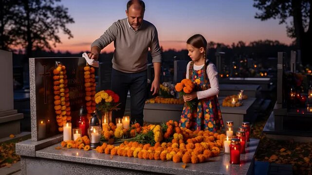 A father and daughter decorate a gravesite with marigold flowers and candles during a solemn evening memorial.
