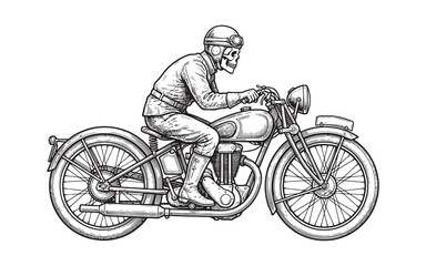 Naklejka premium human skeleton riding a classic motorcycle vintage sketch