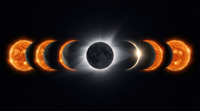 Moon Phases Eclipse Illustration Showing Solar and Lunar Shadow Effects in Dark Sky