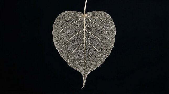 Skeleton Leaf Veins: A dried, translucent peepal leaf showing only the intricate, lace-like vascular network against a high-contrast black background.