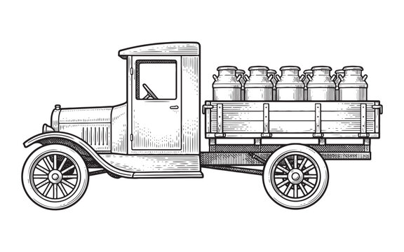 delivery truck carrying milk cans vintage sketch illustration