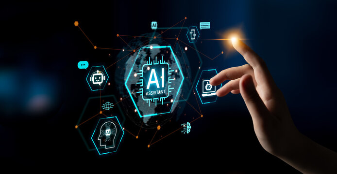 Global AI Assistant network and digital AI connectivity nodes on world globe cyberspace background, futuristic AI technology connected ecosystem. Neural network AI machine learning system. Corpus