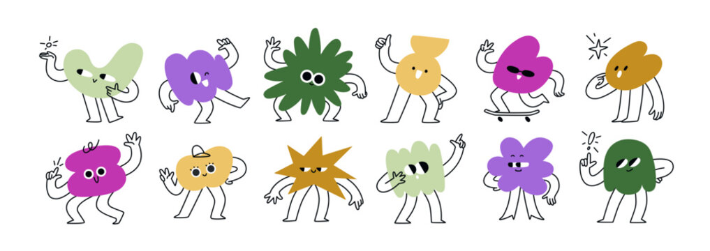 Abstract funny characters set. Cartoon shapes with happy smiling faces, comic emoji. Cute doodle blobs, funky figures with emotions, expressions. Flat vector illustration isolated on white background