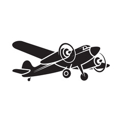 A black silhouette of a vintage biplane with two propellers and wheels © JJMS