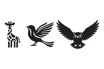 Obraz premium Set of 3 black animal icons vector featuring a stylized giraffe, a flying bird, and an owl with spread wings, ideal for branding and design projects.