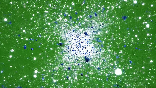 Abstract Particle Simulation Exploding Matter Digital Art Blue White Cubes Green Background Glowing Bright Explosion Chaos Dynamic Motion