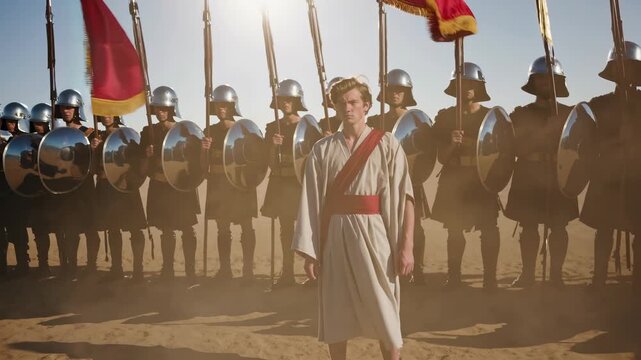 Man leads soldier formation forward. Leader stands holding flag shield. Helmet and armor reflect sunlight. Spear tips line horizon during march. Dust rises across plain creating dramatic atmosphere.