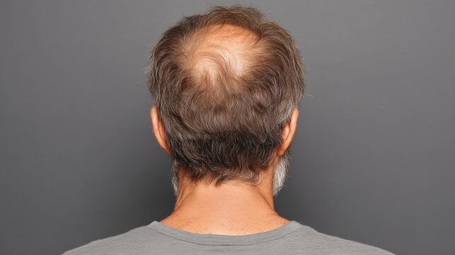 A senior Caucasian man with thinning hair and a gray beard is seen from the back. He wears a gray shirt against a dark background.