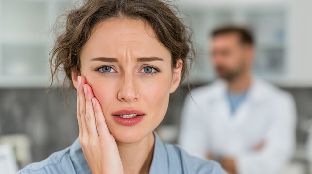 A young Caucasian woman with brown hair holds her face in pain, indicating a dental issue. A male dentist in a white coat is blurred in the background.