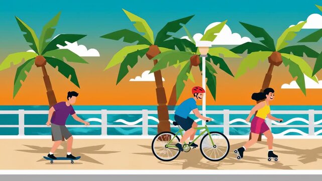 Active lifestyle by the beach man skateboarding woman rollerblading man biking along oceanfront promenade palm trees and orange sky animated