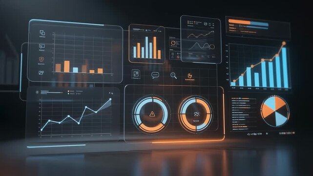 Futuristic digital business analytics dashboard with vibrant charts and data visualization on transparent screens