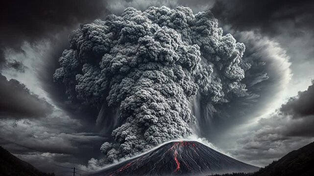 Video of massive volcanic eruption sending thick ash cloud into sky dramatic natural disaster scene with powerful smoke plume