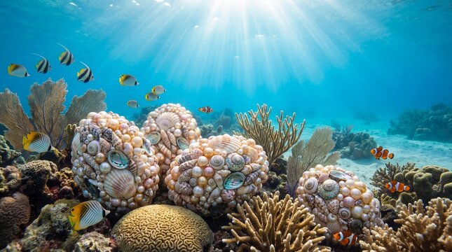 Ornate seashell decorated Easter eggs on a vibrant coral reef in deep blue water representing a whimsical underwater scene
