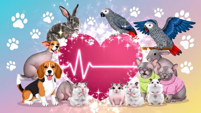 Adorable pet animals heartbeat pulse illustration featuring dog cat rabbit parrot and hamster animation concept for veterinary