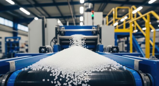 Industrial conveyor system transporting white plastic pellets in manufacturing facility