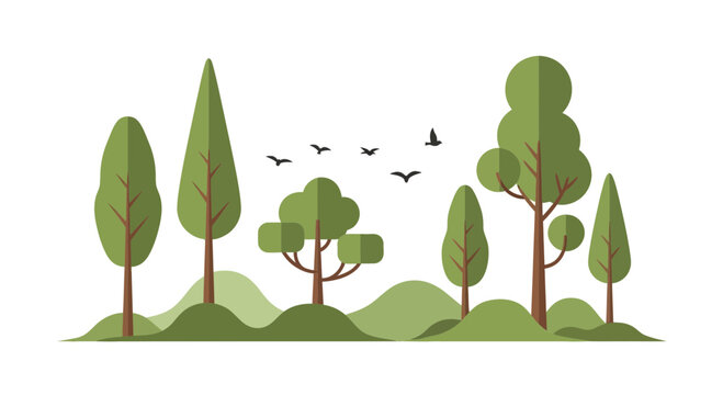 Vector illustration of green trees and hills with flying birds
