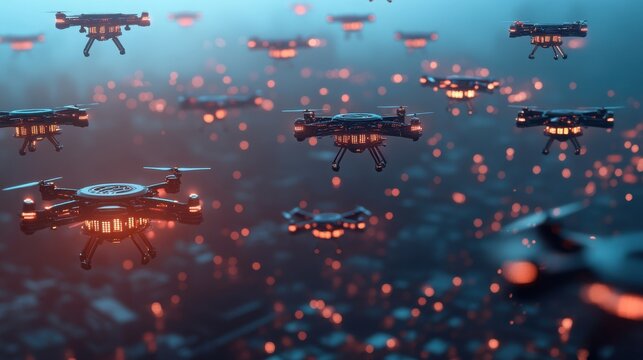 A swarm of drones flying in formation at dusk with city lights in the background
