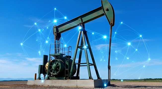 Oil pumpjack working in sunny rural landscape
