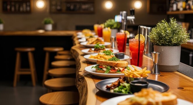 Wooden bar counter with plates of sandwiches and fries alongside colorful cocktails in cozy restaurant setting