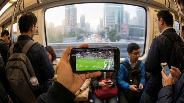 Crowded subway commuter urban train travel mobile phone smartphone digital streaming soccer match public transport cityscape rush hour crowd window