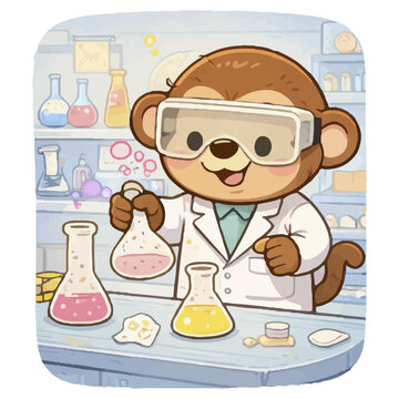Cute monkey scientist doing experiment in cartoon laboratory.