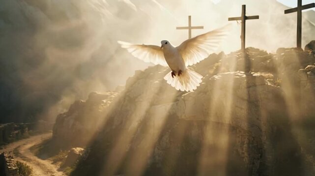 Beautifully crafted white flying dove hovering near elevated natural terrain with wooden cross structures, perfect for spiritual video backgrounds.