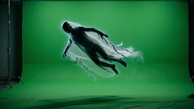 Creepy frightening ghost floating slowly through the air against a pristine chroma key green screen studio background, perfect for horror filmmaking.
