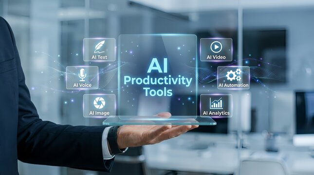 A businessman in a suit presents AI productivity tools on his hand in a futuristic office setting with various icons and graphics floating above